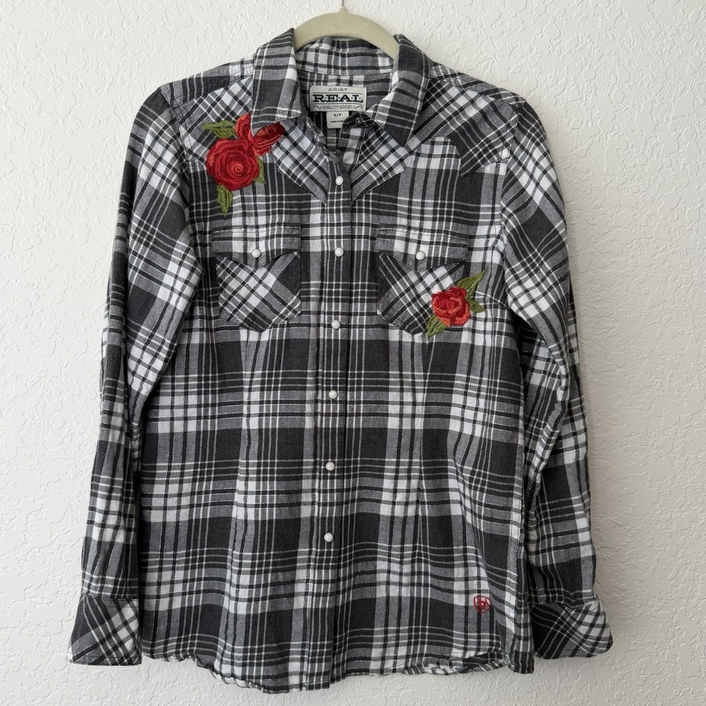 Ariat Womens Flannel Shirt Small Embroidered Rose Pearl Snap Western Top Rodeo